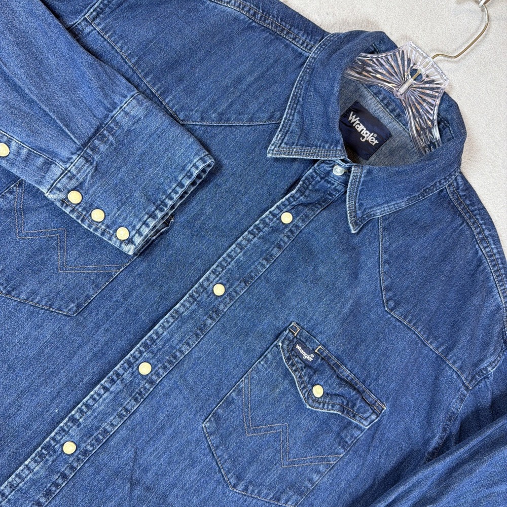 Wrangler Shirt Mens XXL Blue Denim Long Sleeve Western Pearl Snap Casual